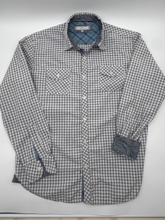 PD&C Other - Men's Large Gingham Plaid Long Sleeve Button‎ Down Shirt Gray White Blue Trim **